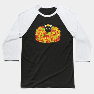 Black and White Tuxedo Cat Playing in a Pile of Fallen Autumn Leaves (Black Background) Baseball T-Shirt